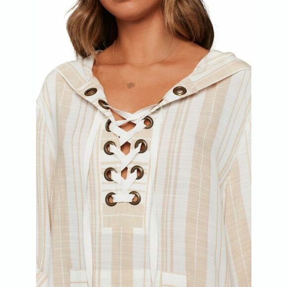 New! LSPACE Striped Front Lace-Up Hooded Coverup Tunic Top Pockets NWT - Picture 6 of 9